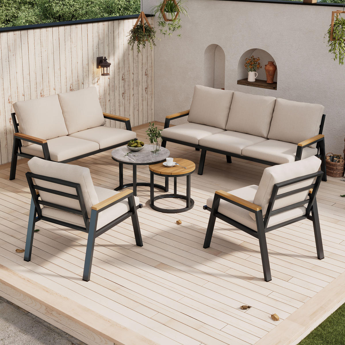 GARTENLOUNGE-SET Sofa Sessel 2 Tische Stahl Glas Graubeige - Grau, Textil - FLIEKS