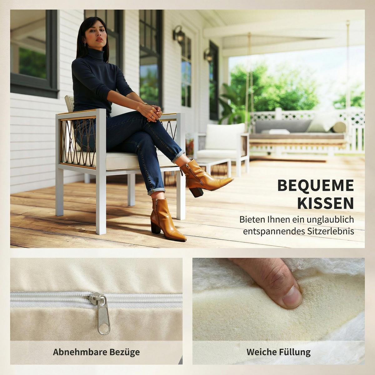 RATTAN-GARTENMÖBEL-SET 4er Set Metall PE-Rattan Cremeweiß - Creme/Braun, Textil/Metall - Outsunny