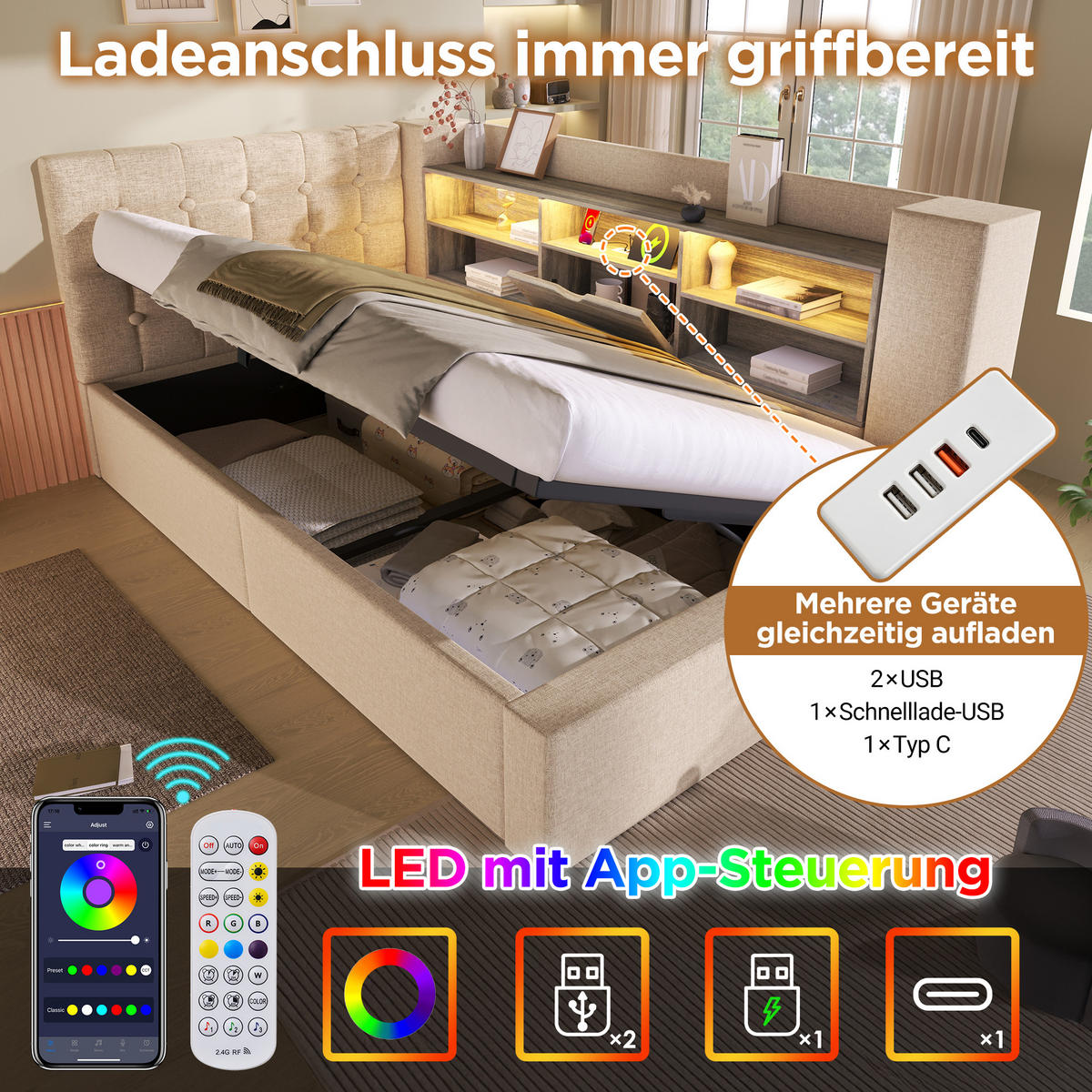 POLSTERBETT 140/190 cm Beige aus Leinen mit Stauraum Hydraulik und LED-Beleuchtung - Beige, Textil (140/190cm) - OKWISH