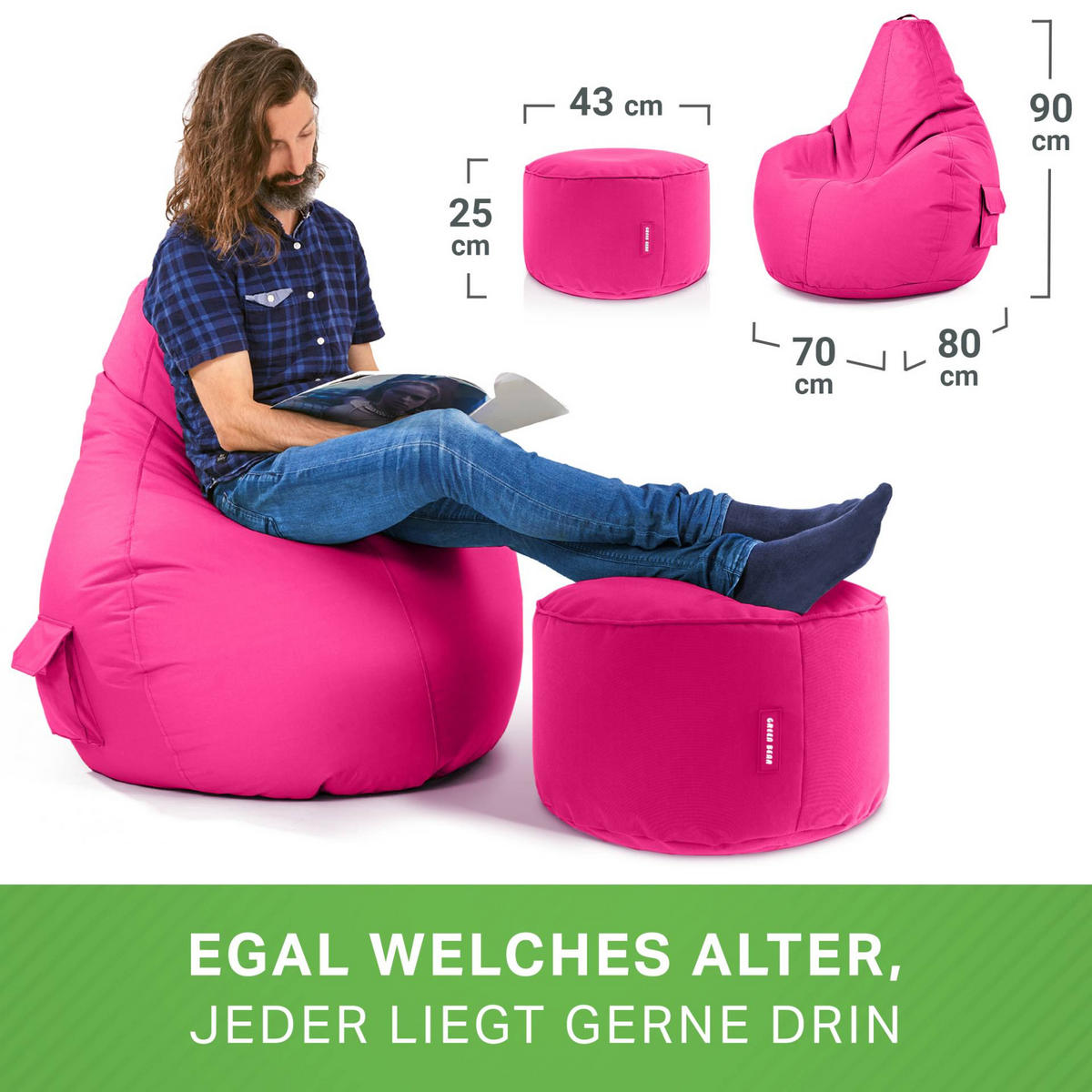 SITZSACK + Hocker "Cozy+Stay" 2er Set - Pink, Textil (70/90/80cm) - Green Bean