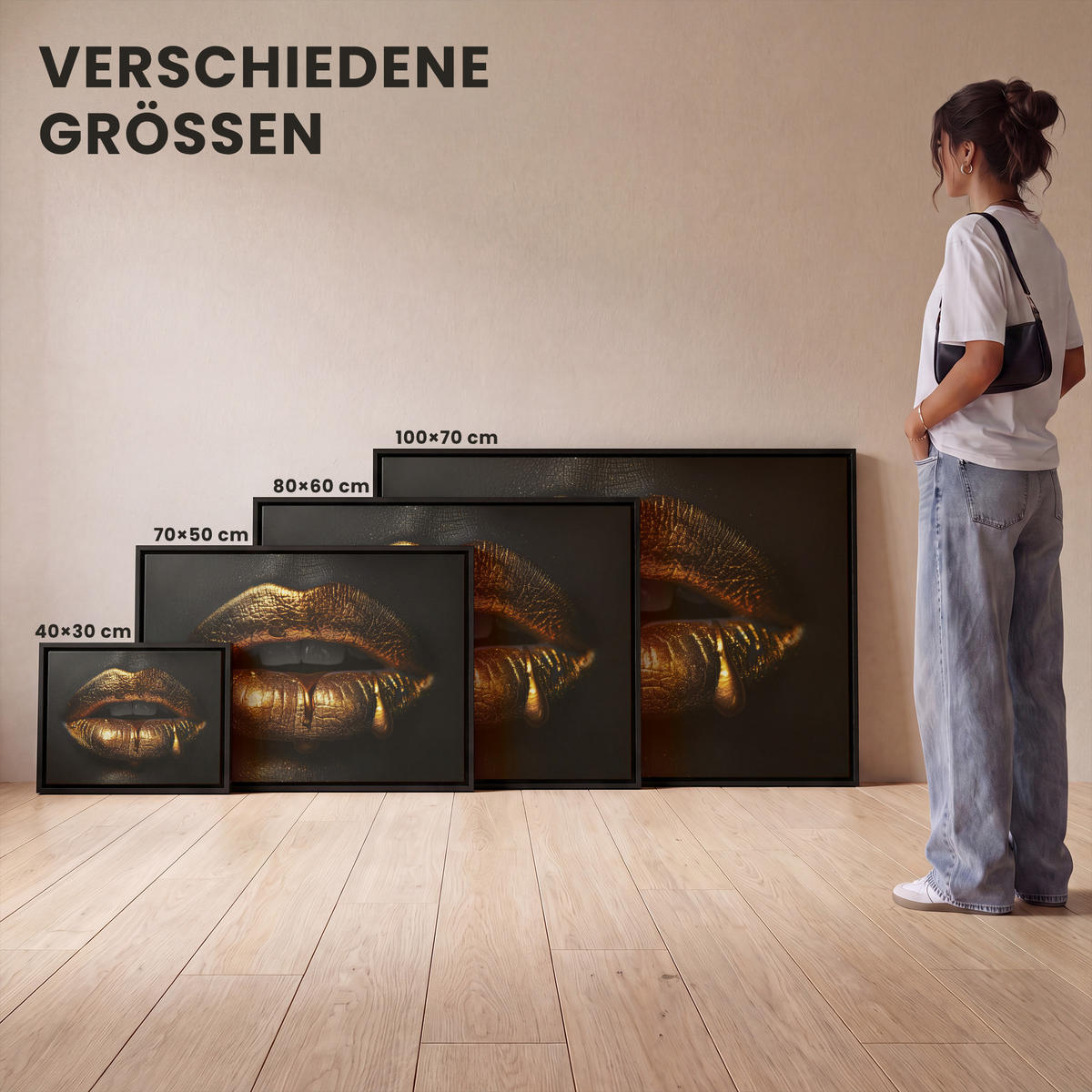 LEINWAND Bilder mit Rahmen - Frau - Porträt - Lippen - Gold - Schwarz - 40x30 - Schwarz, Textil (40/30cm) - MuchoWow