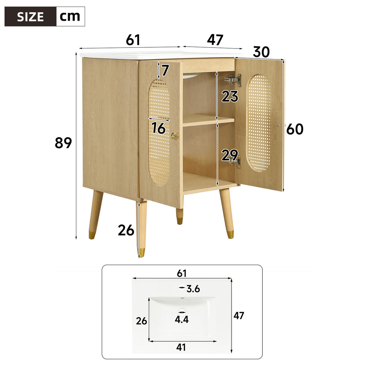 BADEZIMMERSCHRANK Rattan Türen Holzoptik Stauraum 61cm - Naturfarben, Keramik (61/89/47cm) - FLIEKS
