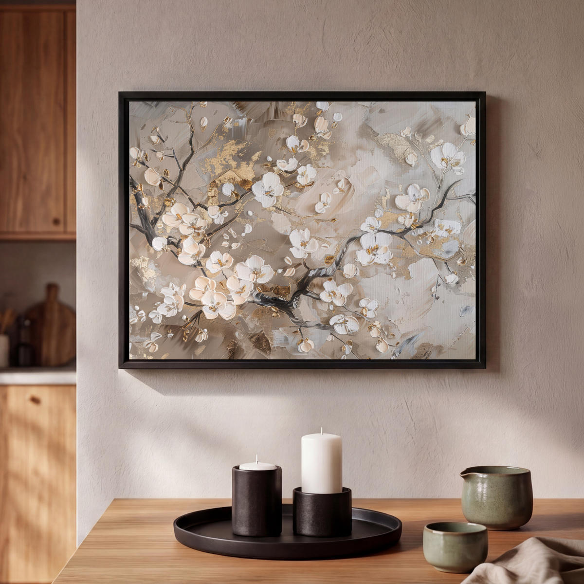 LEINWAND Bilder mit Rahmen - Blumen - Weiß - Gold - Beige - Luxus - 40x30 - Greige, Textil (40/30cm) - MuchoWow