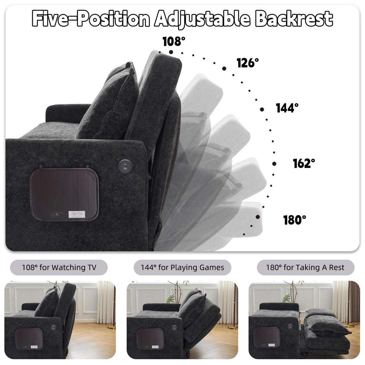 SCHLAFSOFA DE-33505 mit 5‑Stufen verstellbar Schwarz - Schwarz, Textil (172.5/95/71cm) - ComfortXL