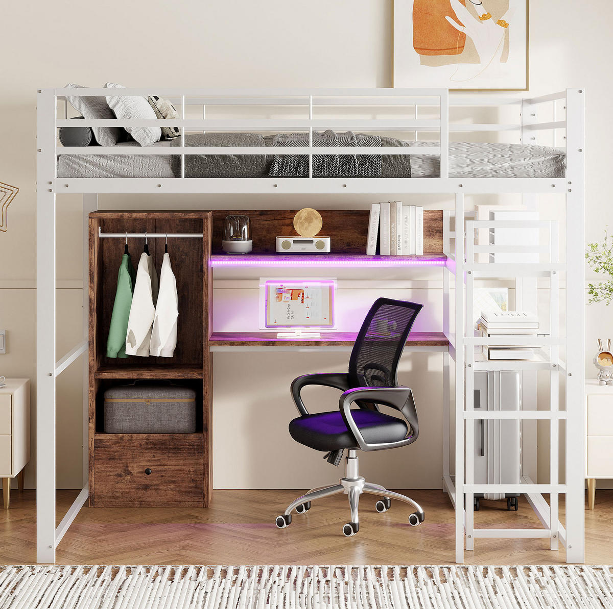 HOCHBETT 140/200 cm aus Metall und MDF mit Schreibtisch, Stauraum und LED-Beleuchtung Weiß - Weiß, Holzwerkstoff (140/200cm) - Modenvie