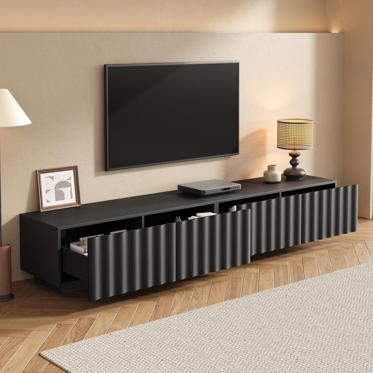 TV-SCHRANK Wellenfront Push-to-Open Stauraum modern - Schwarz, Holzwerkstoff (40/35/200cm) - FLIEKS