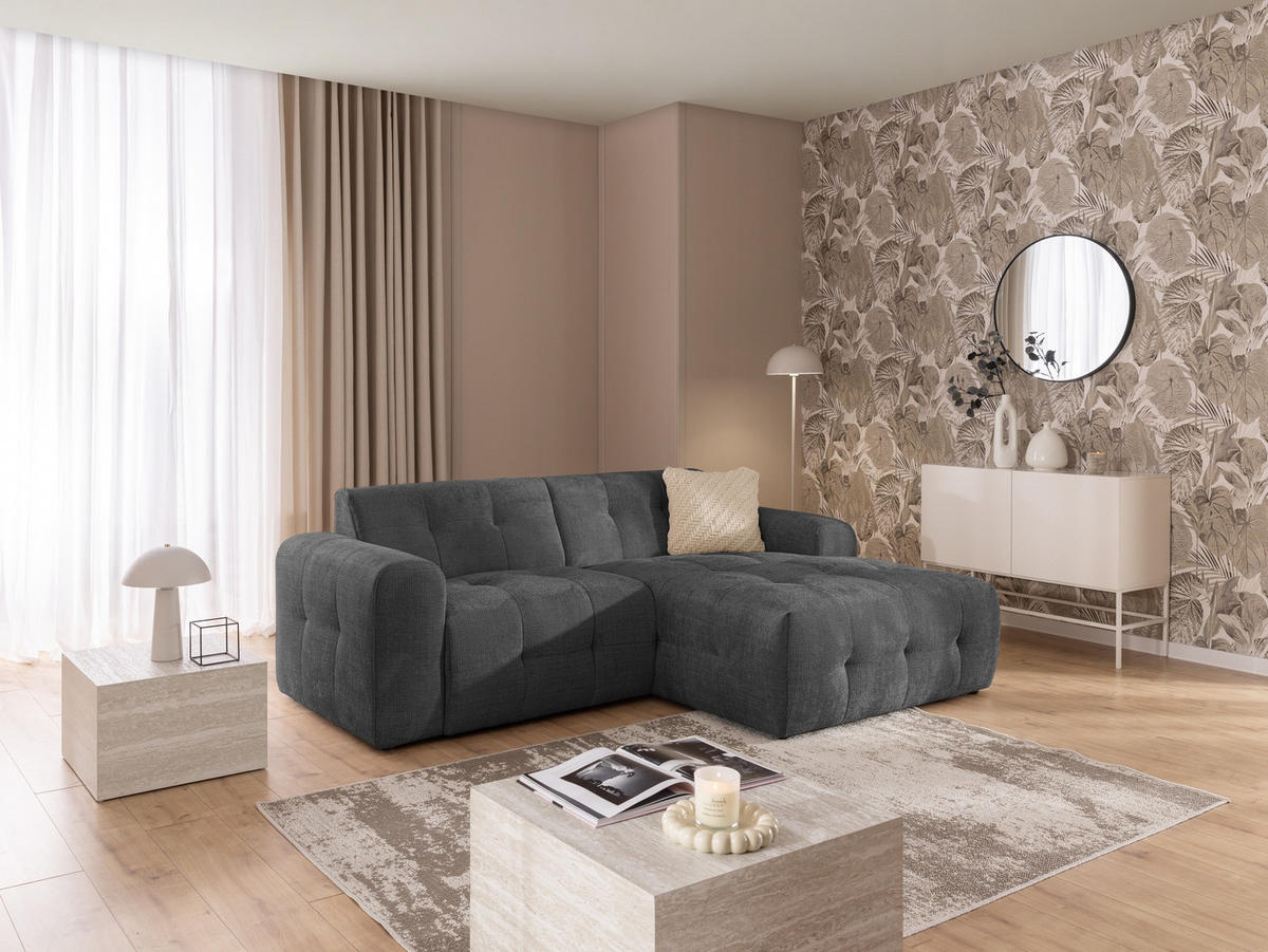 ECKSOFA Kozy im Bumpy-Design mit fester Rückenlehne aus weichem Grau Chenille-Stoff - Ottomane rechts - Schwarz/Grau, Holz/Kunststoff (234/161cm) - S-Style Möbel