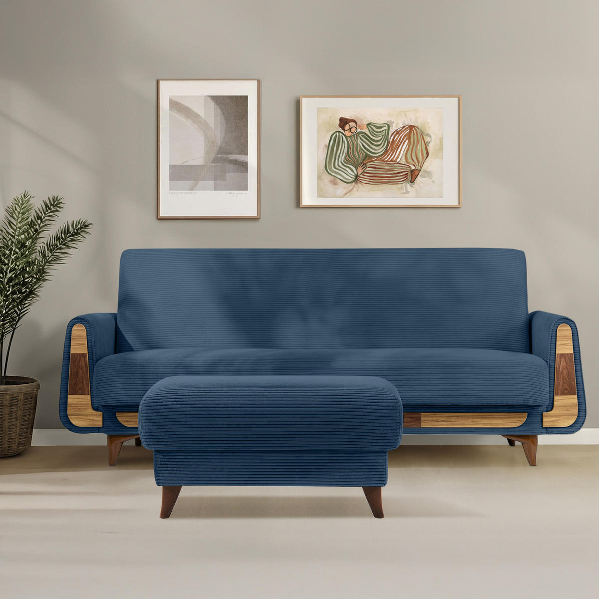 HOCKER GUSTAVO II, Marineblau - Braun/Dunkelblau, Holz/Holzwerkstoff (92/49/92cm) - KONSIMO®