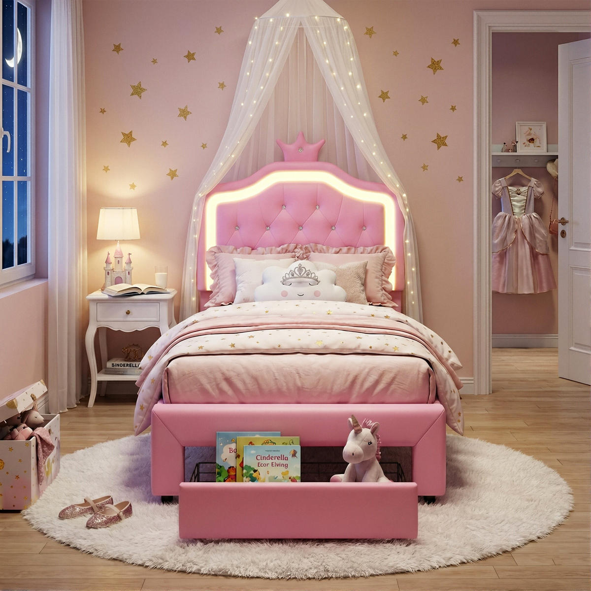 POLSTERBETT Kronen mit Kristallsteinen & RGB-LED 90/200 cm PU-Leder Rosa - Pink, Textil (90/200cm) - Creahappy