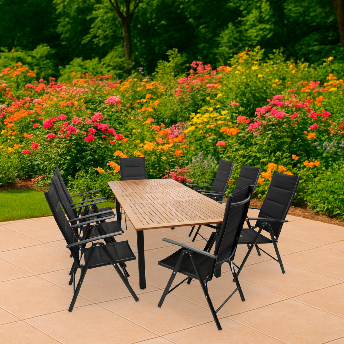 GARTENESSGRUPPE Canterbury - GARTEN-GARNITUR mit Ausziehtisch 180 bis 240 cm - 9-teilig - Aluminium - Akazie - Kunstgewebe schwarz - Schwarz, Metall - TPFGarden