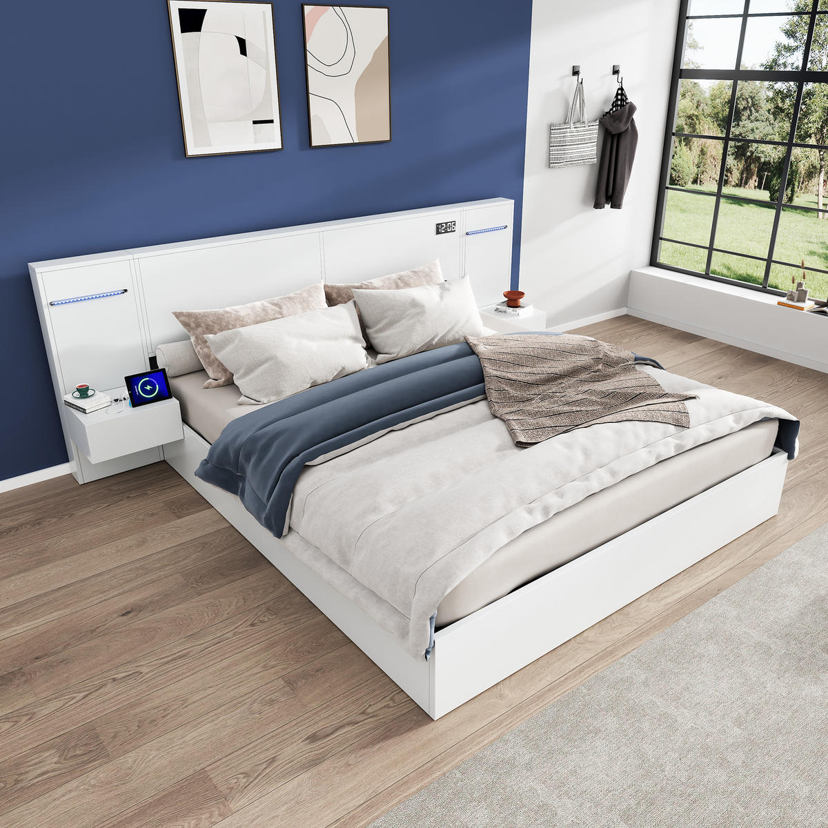 DOPPELBETT 160x200cm mit USB-Anschluss, elektronischer Uhr, Bluetooth-Lautsprecher, Farblichtleiste, weiß - Weiß, Metall (160/200cm) - KOMHTOM