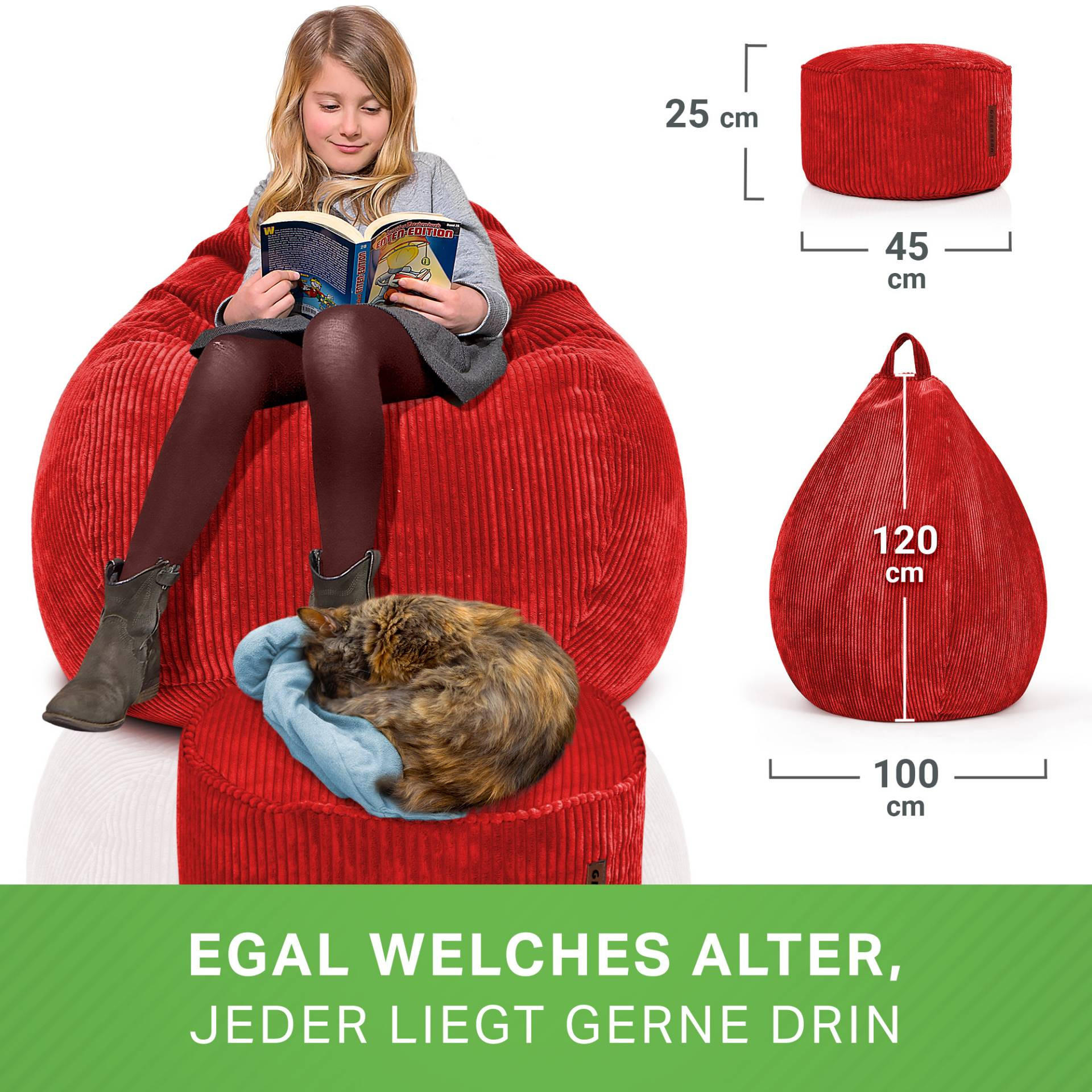 XXL-SITZSACK 2er Set + Pouf - Cordstoff - Rot, Textil (90/110/90cm) - Green Bean