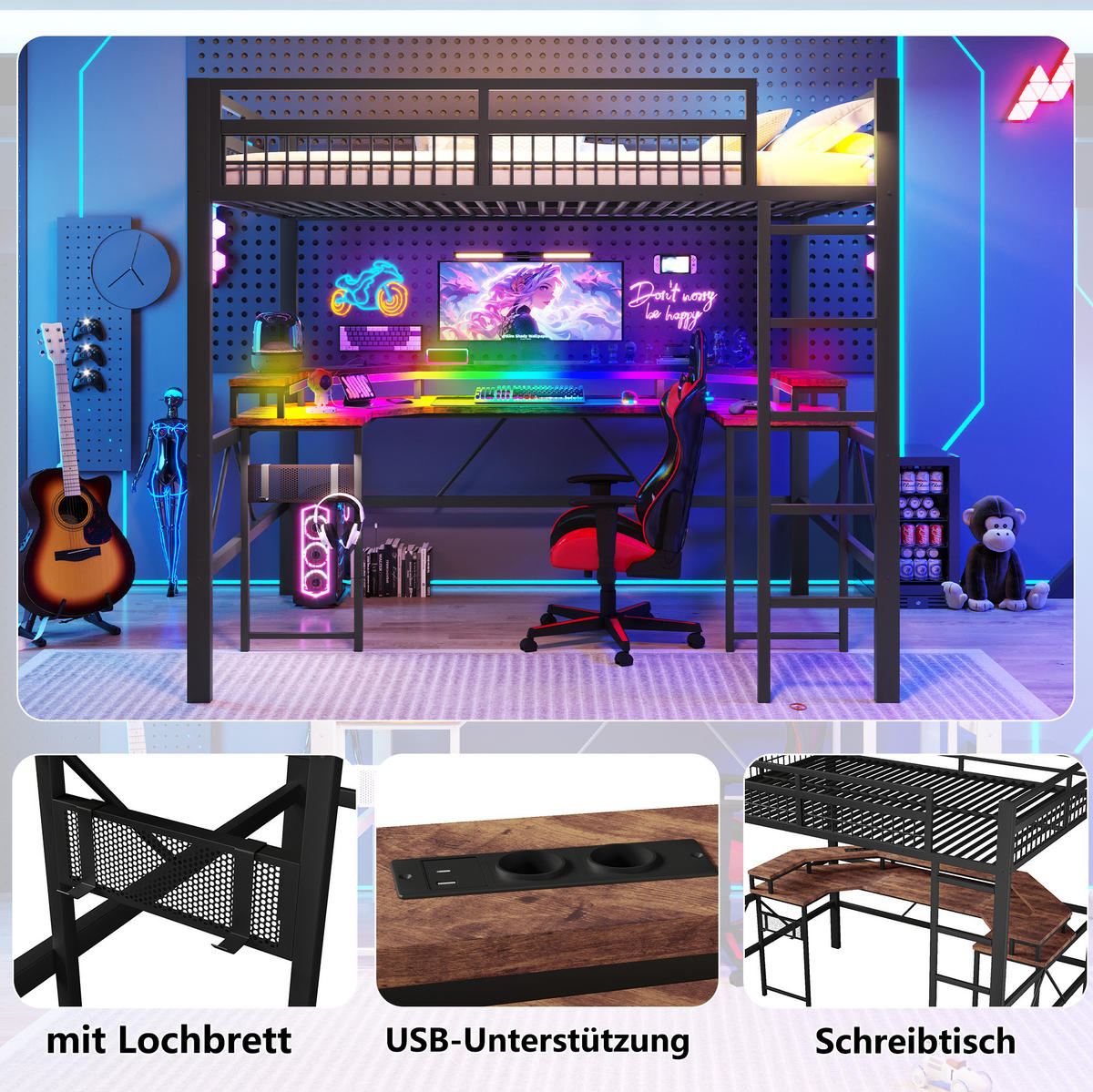 HOCHBETT 140/200 cm schwarz aus Metall mit Schreibtisch und LED - Schwarz, Metall (140/200cm) - OKWISH