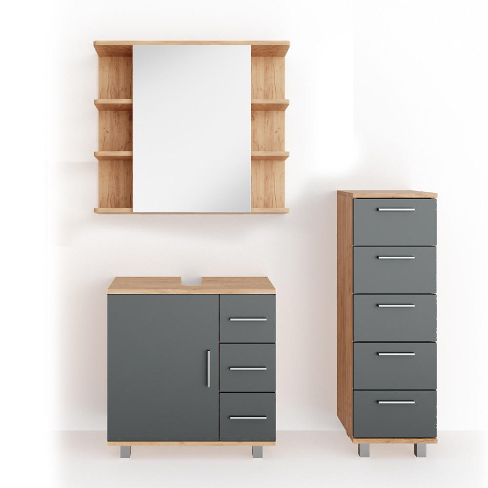 BADMÖBEL-SET Ilias Eiche 3 Teile, mit Midischrank - Eichefarben/Anthrazit, Holzwerkstoff (60/60.8/33cm) - Vicco