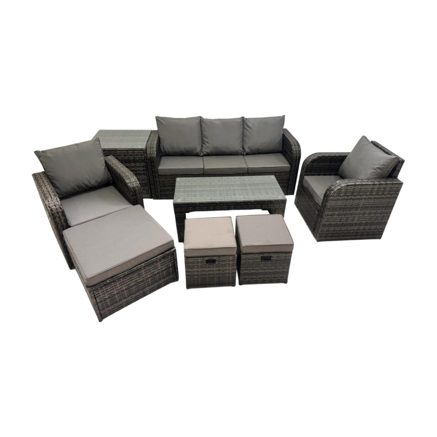 GARTENSOFA SET mit LIEGESTUHL Polyrattan 8-Sitzer Dunkelgrau - Dunkelgrau/Grau, Glas/Kunststoff - Fimous
