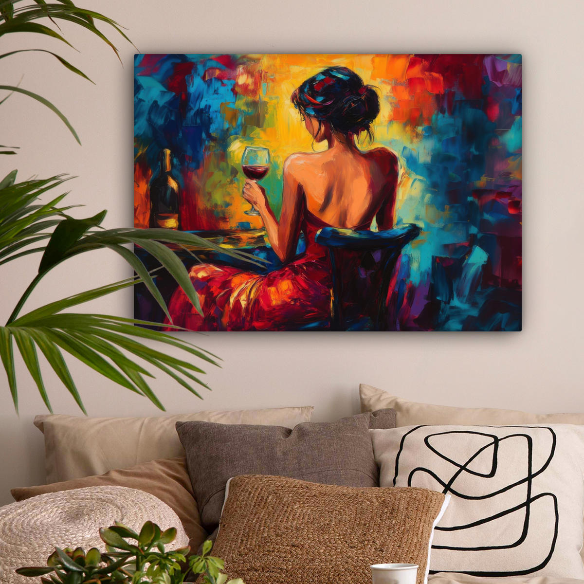 LEINWANDBILD Wein - Frau - Stimmungsvoll - Farbenfroh Wandbilder 80x60 cm - Bordeaux, Textil (80/60cm) - MuchoWow