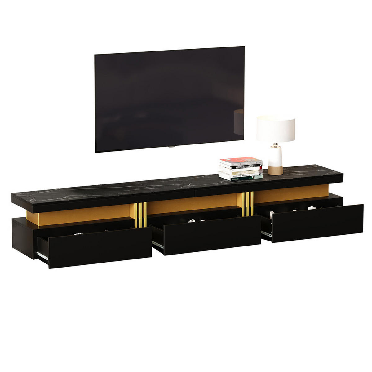 TV-SCHRANK 200x40cm Lowboard Modern Marmoroptik 3 Schubladen bis 90 Zoll - Schwarz, Holz (49.48/24.99/71.48cm) - FLIEKS