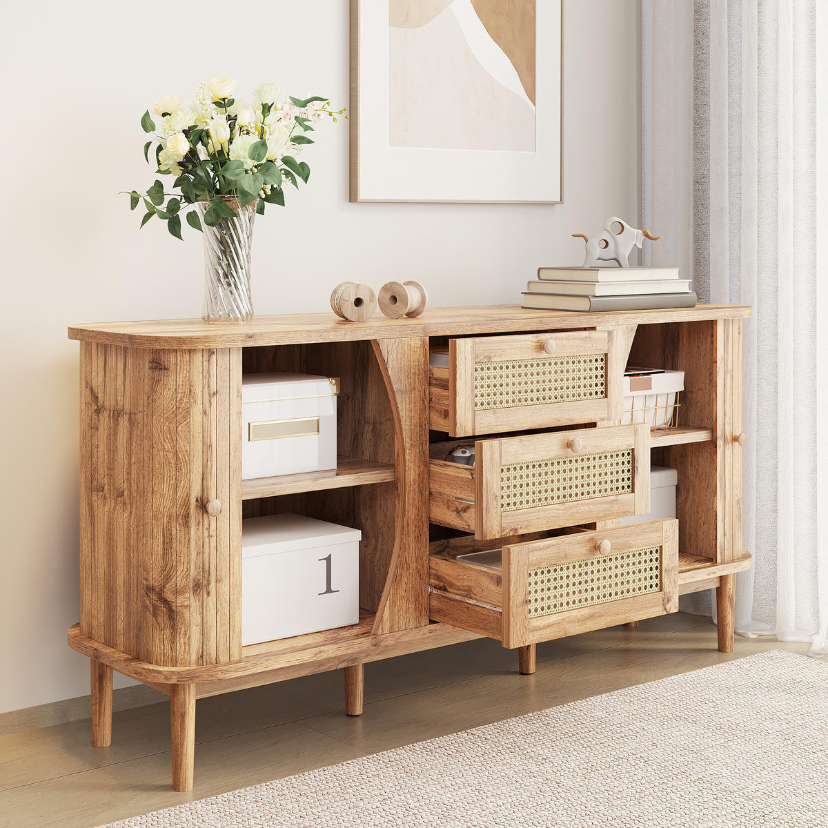 SIDEBOARD Rattan Schiebetüren verstellbare Böden modern - Naturfarben, Holzwerkstoff (40/76/140.5cm) - FLIEKS