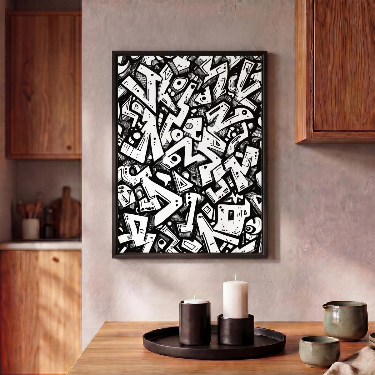 LEINWAND Bilder mit Rahmen - Formen - Buchstaben - Graffiti - Schwarz - 30x40 - Schwarz, Textil (30/40cm) - MuchoWow
