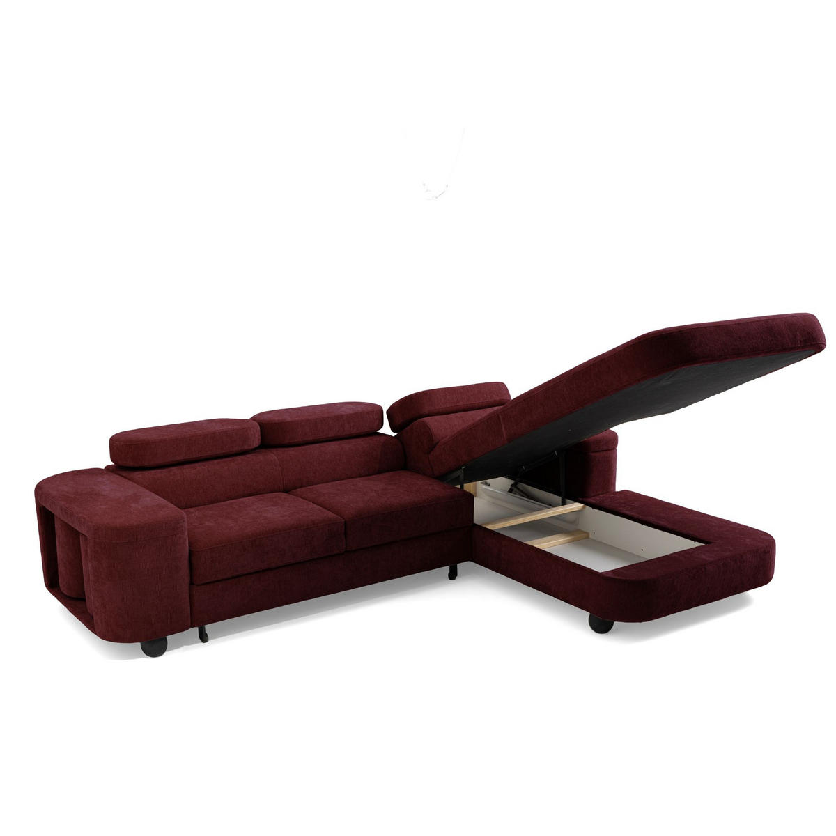 ECKSOFA LOVE L Rechts mit Schlaffunktion 124x210 Chenille Bordeaux - Bordeaux/Schwarz, Holz/Textil (205/284cm) - Muffo