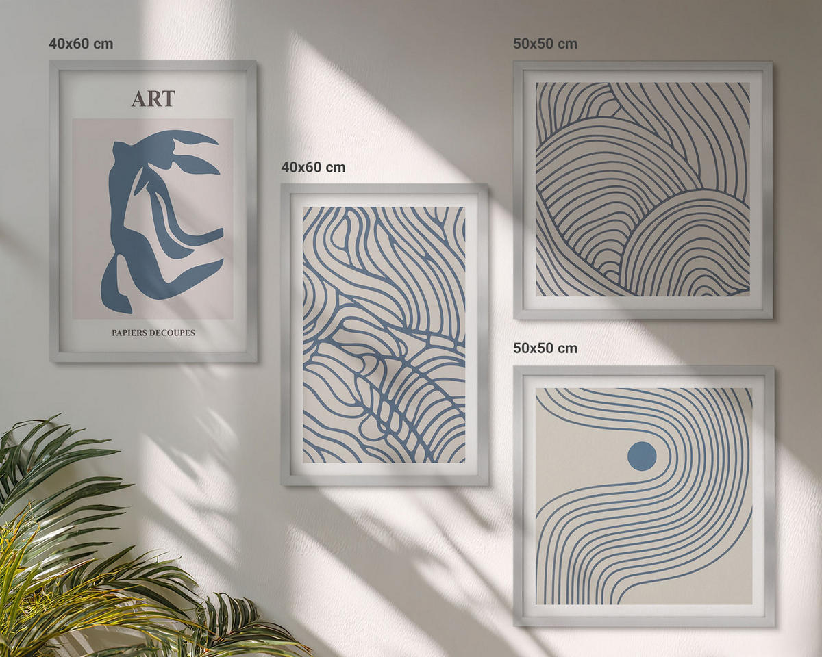 BILDER SET 4er Set - 50x50 cm & 40x60 cm Silberner Rahmen - Abstrakte blaue Linien - Silberfarben, Kunststoff (50/50cm) - TULUP