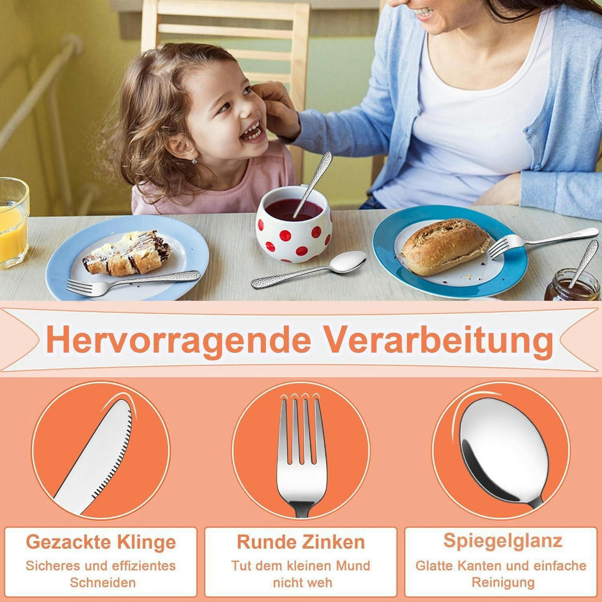 KINDERBESTECK 16-teiliges Set Edelstahl Hammergriff - Silberfarben, Metall