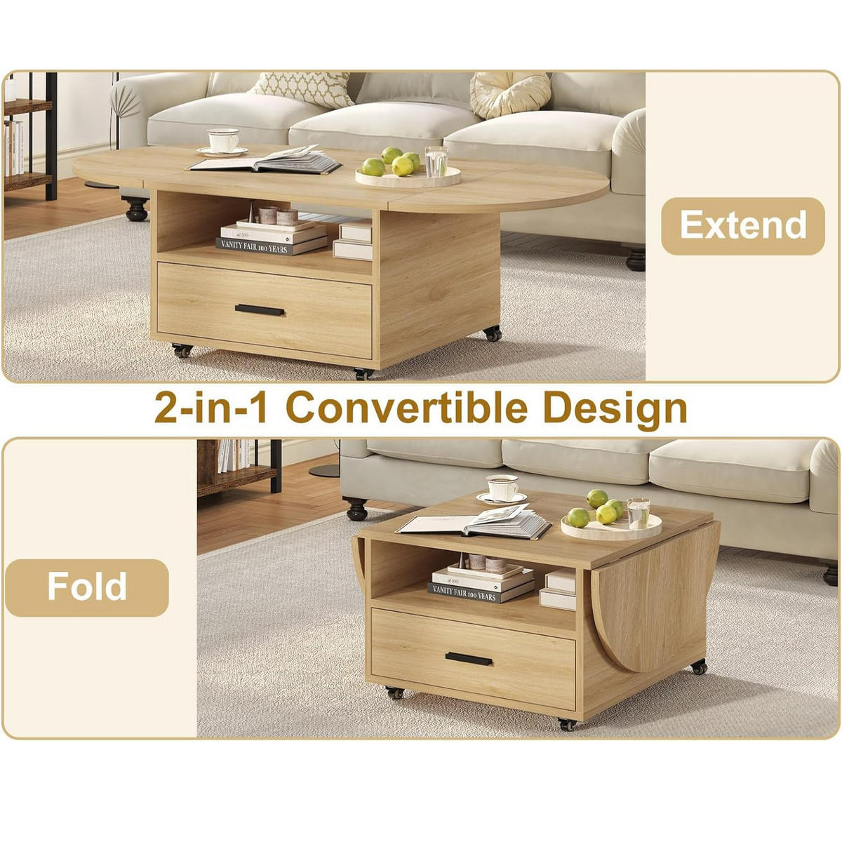 COUCHTISCH Wohnzimmertisch mit Stauraum 120 x 60 x 45 cm Klappplatte - Naturfarben, Holzwerkstoff/Metall (120/120/45cm) - Quality Elegance