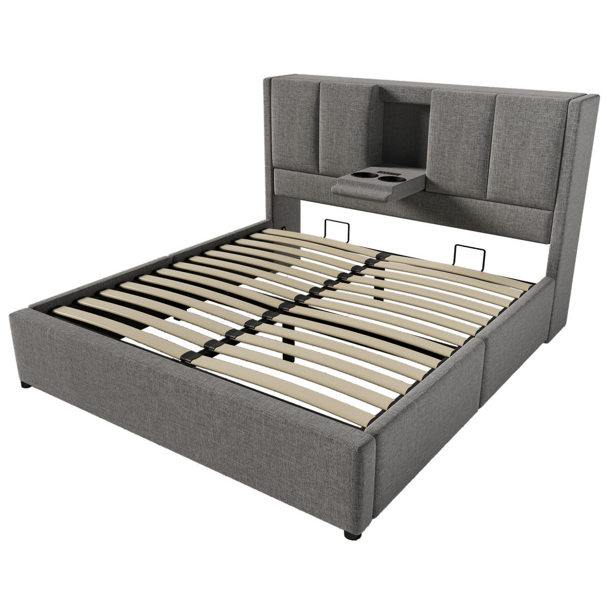 POLSTERBETT 140/200 cm mit verstecktem Becherhalter, USB-Ladestation und hydraulischem Stauraum, Grau - Grau, Textil (140/200cm) - Redom
