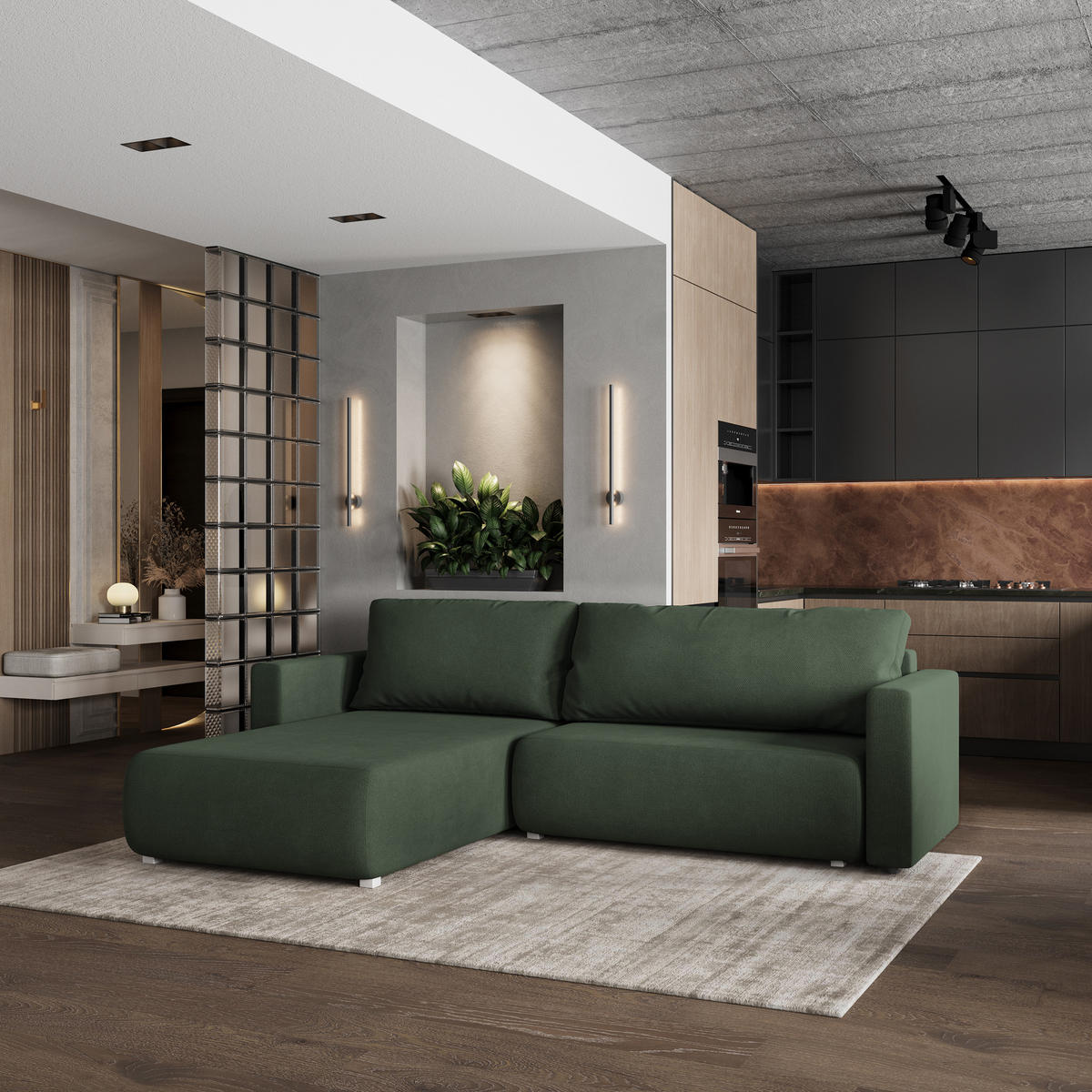 ECKSOFA TURIN Grün Geflochtener Stoff mit Schlaffunktion - Grün, Holz (265/183cm) - MASSENO