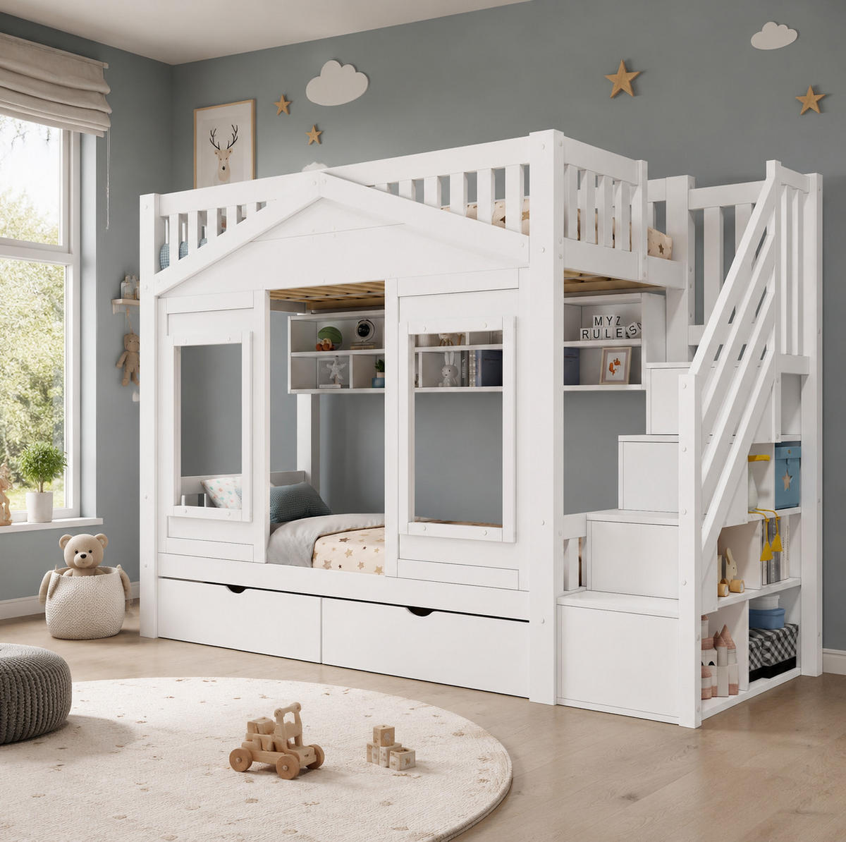 KINDERHOCHBETT 90x200 cm in Weiß mit Stauraumtreppe und Schublade - Weiß, Holz (90/200cm) - IVMEU