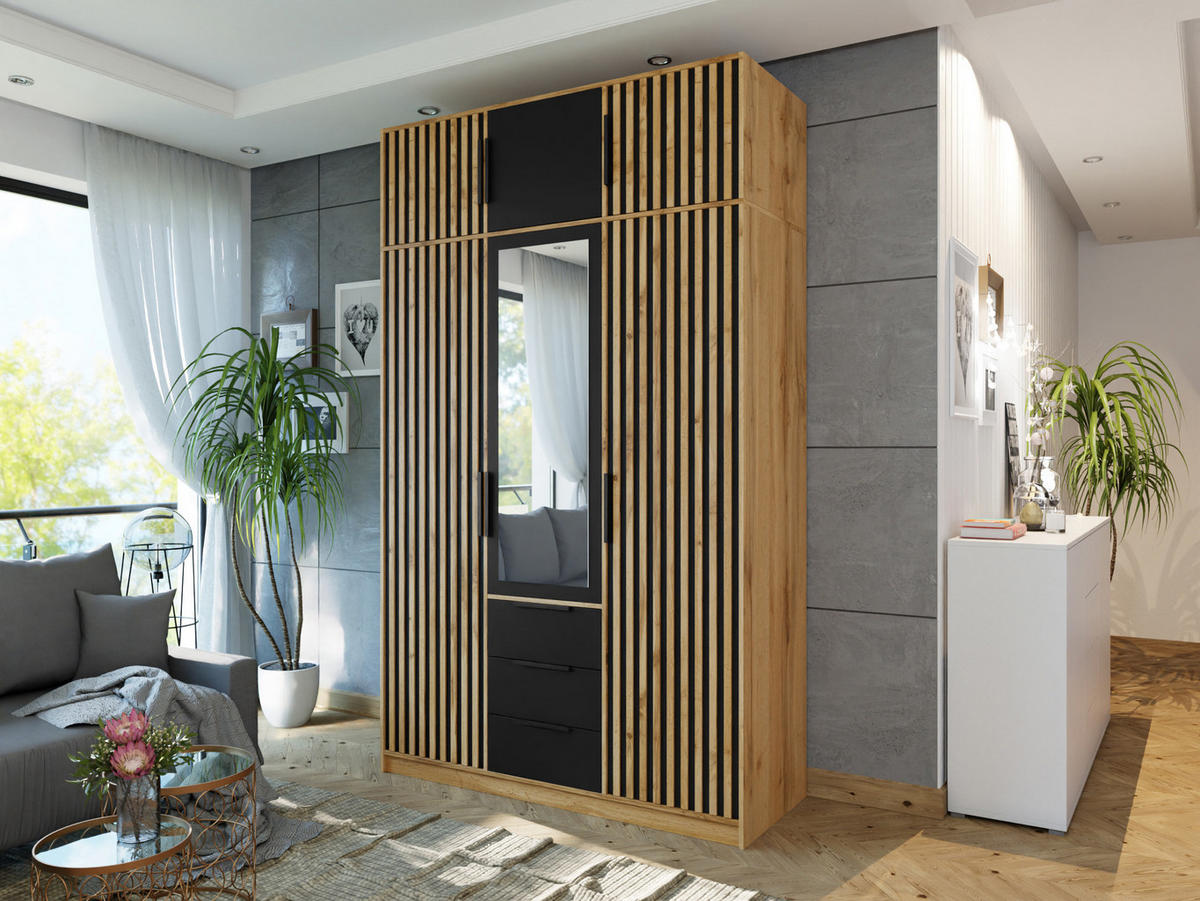KLEIDERSCHRANK Bali Lux D3 mit Schrankaufsatz - Schwarz/Braun, Holzwerkstoff/Metall (150/245/58cm) - MIRJAN24
