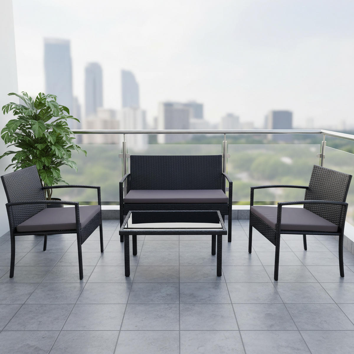 4-TLG.GARTENMÖBEL-SET - Schwarz, Glas/Kunststoff - Relaxdays