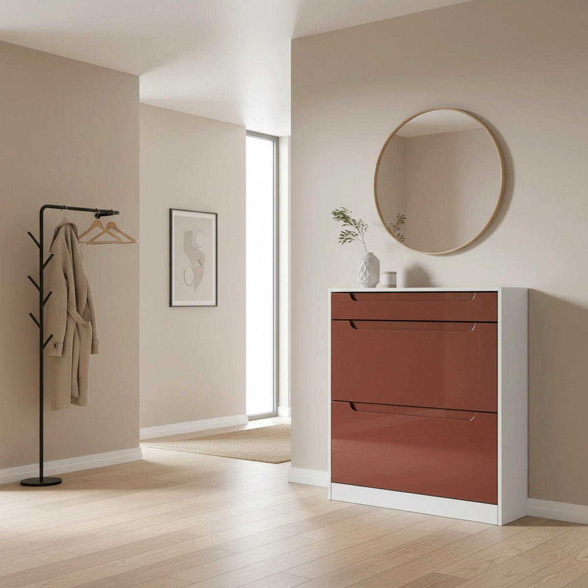 SCHUHSCHRANK Venezia Schmal mit 2 Klappen und 1 Schublade, Platzsparender Schuhkipper, Bordeaux Hochglanz (89 x 95,5 x 23 cm) - Bordeaux, Holzwerkstoff (89/95.5/23cm) - InnoFurn