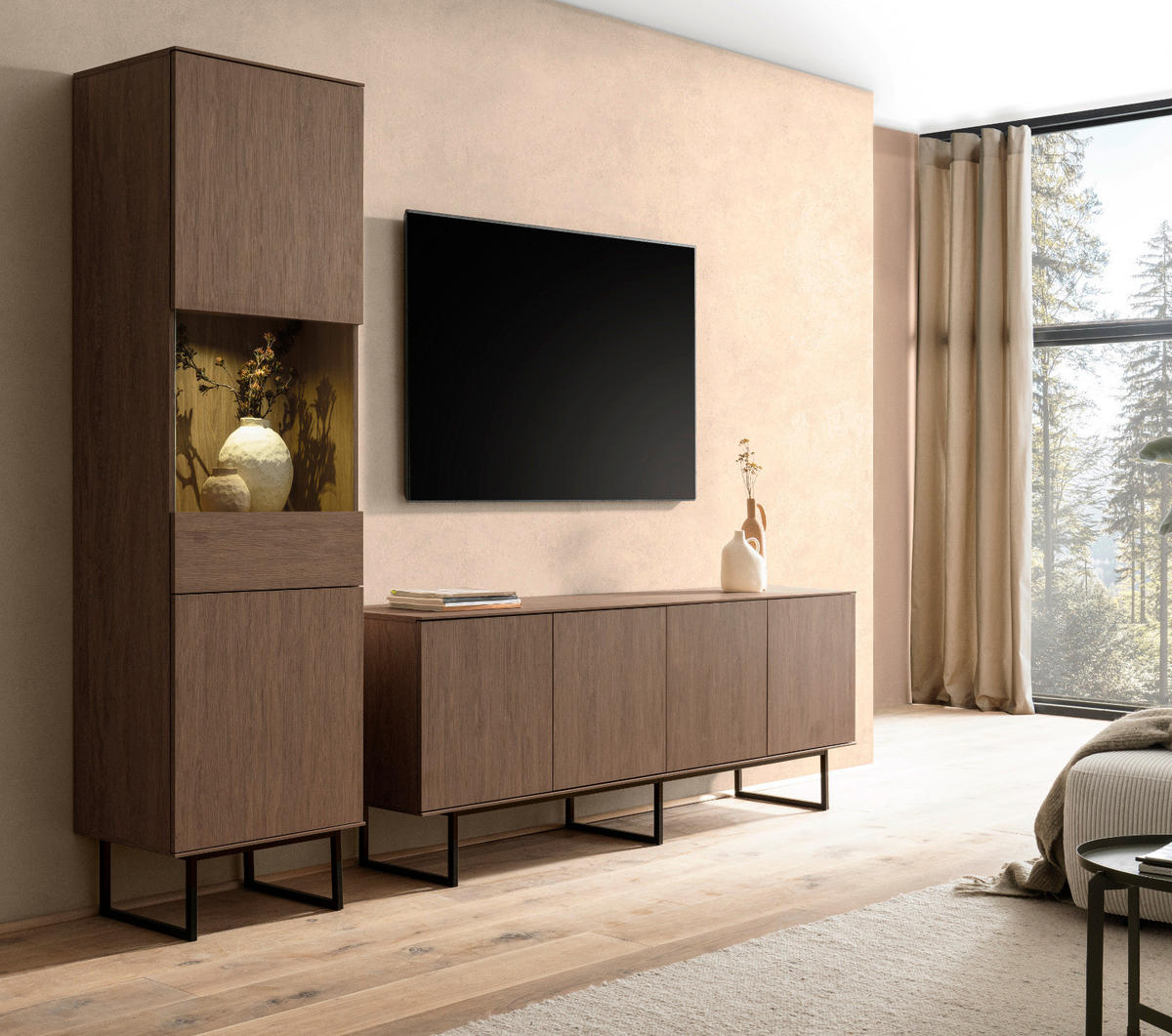 TV-LOWBOARD Nussbaum 200 x 70 cm, TV Unterteil mit Push-to-Open und Komforthöhe - Nussbaumfarben/Schwarz, Holzwerkstoff/Metall (200/70/40cm) - Furn.Design