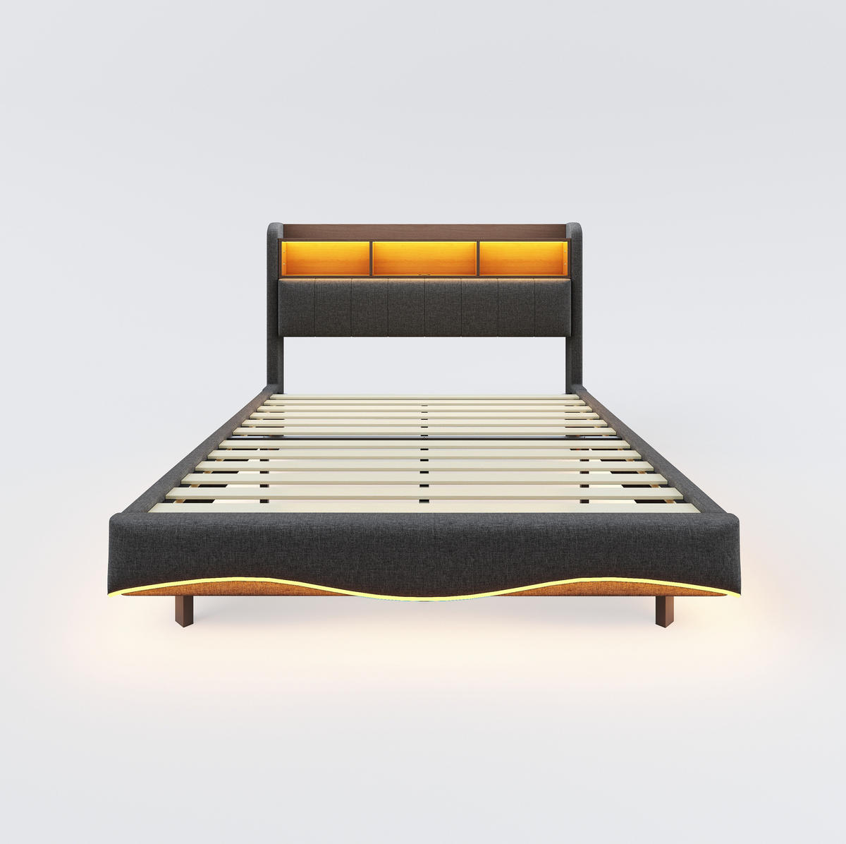 POLSTERBETT 140/200 cm mit LED-Beleuchtung, USB- und Typ-C-Anschluss sowie Stauraum am Kopfteil, Grau - Grau, Textil (140/200cm) - Redom