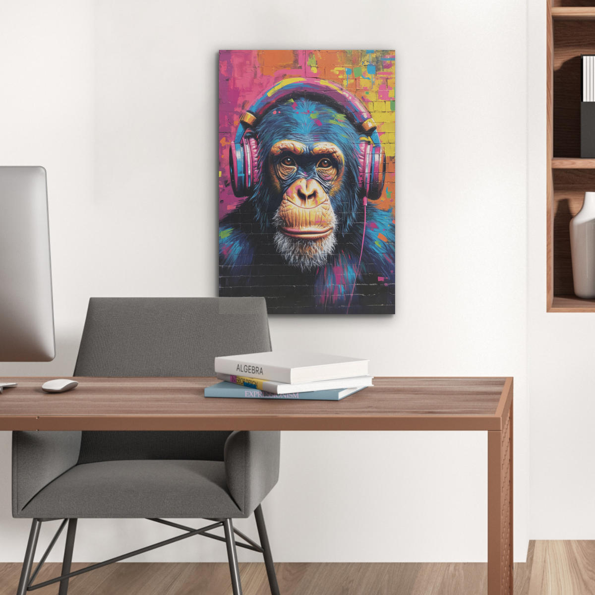 AKUSTIKBILD Graffiti - Schimpanse - Straßenkunst - Kopfhörer - Affe Kunstdruck Schlafzimmer 50x70 cm - Blau, Kunststoff (50/70/0.9cm) - MuchoWow