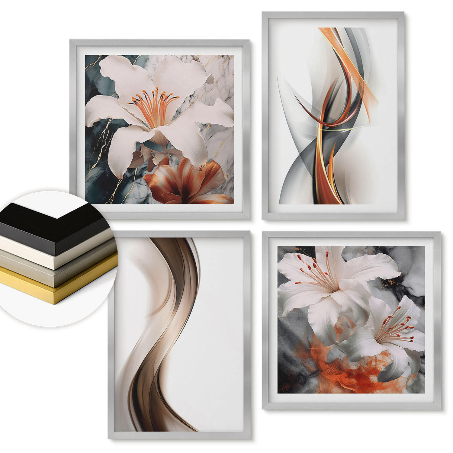 WANDBILDER 4er Set - 50x50 cm & 40x60 cm Silberner Rahmen - Gelbgrau-braune Wellen - Silberfarben, Kunststoff (50/50cm) - ArtPrintCave