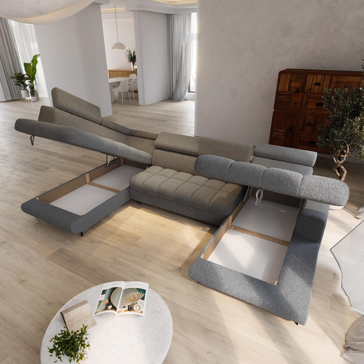 WOHNLANDSCHAFT CORENO Grau Boucle-Stoff mit Schlaffunktion - Grau, Holz (345/88/190cm) - MASSENO