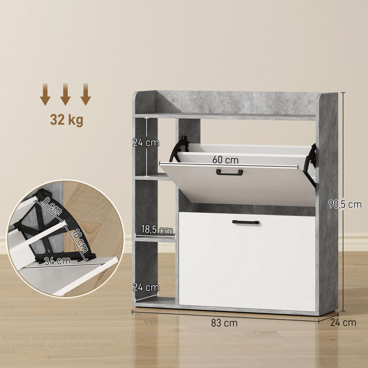 SCHUHSCHRANK Weiß und Grau Spanplatte mit Klappfächern platzsparend 1 Stück - Grau, Holzwerkstoff (83/90.5/24cm) - PANGIVO
