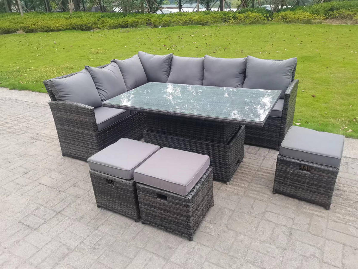 GARTENMÖBEL SET mit höhenverstellbarer Tisch Polyrattan Dunkelgrau 9-Sitzer - Dunkelgrau/Grau, Glas/Kunststoff - Fimous