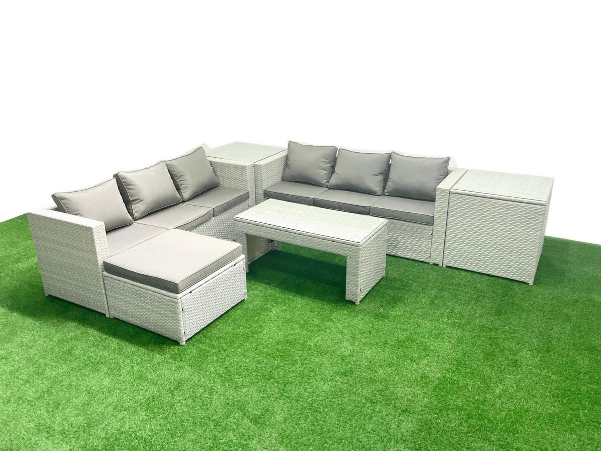 GARTENSOFA hohe Rückenlehne Polyrattan Hellgrau-Mix 7-Sitzer - Hellgrau/Grau, Glas/Kunststoff - Fimous