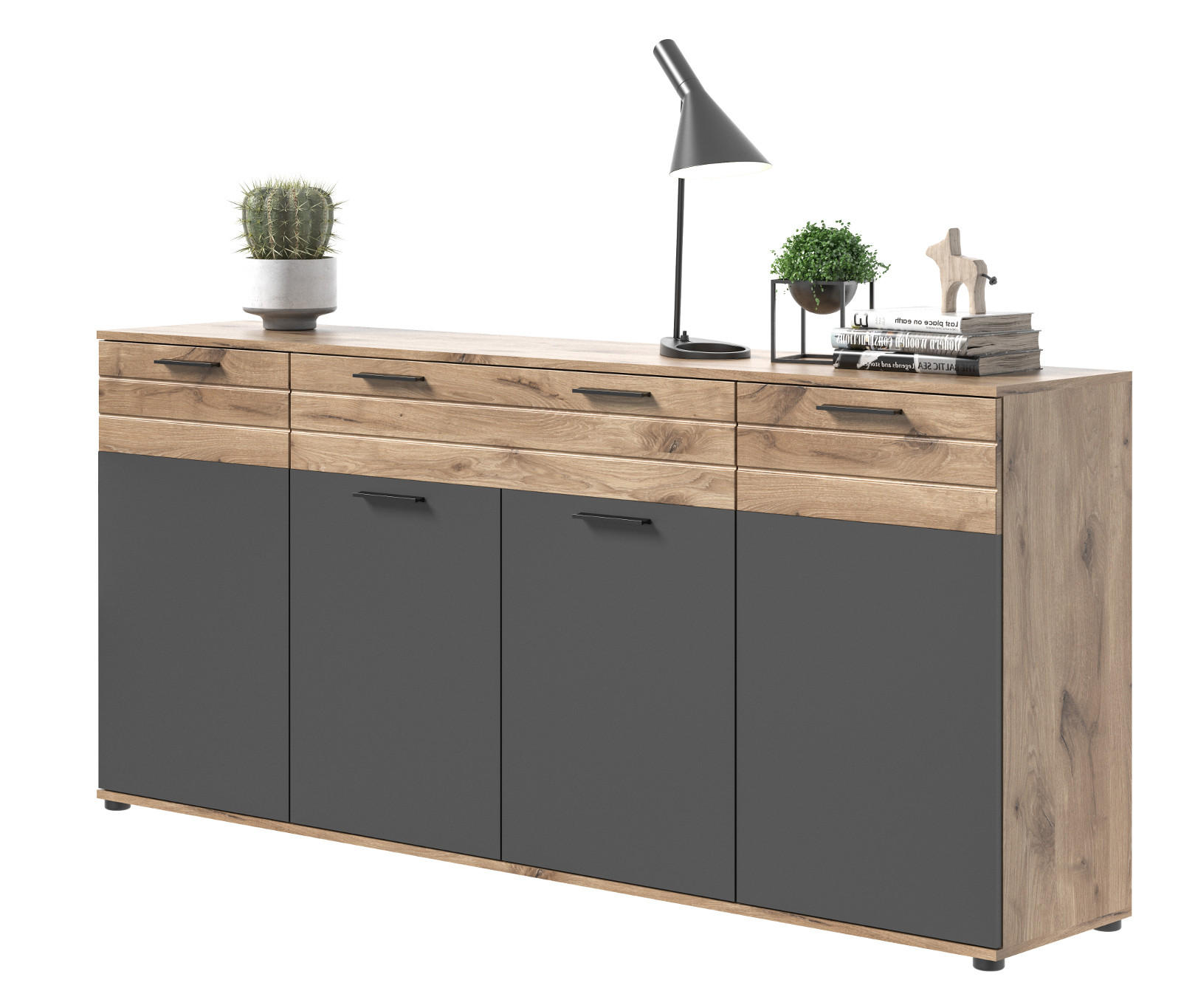 SIDEBOARD Eiche, grau 200 cm, KOMMODE mit Soft-Close, Wohn- und Esszimmermöbel - Eichefarben/Schwarz, Holzwerkstoff/Kunststoff (200/91/40cm) - Inn.Furn