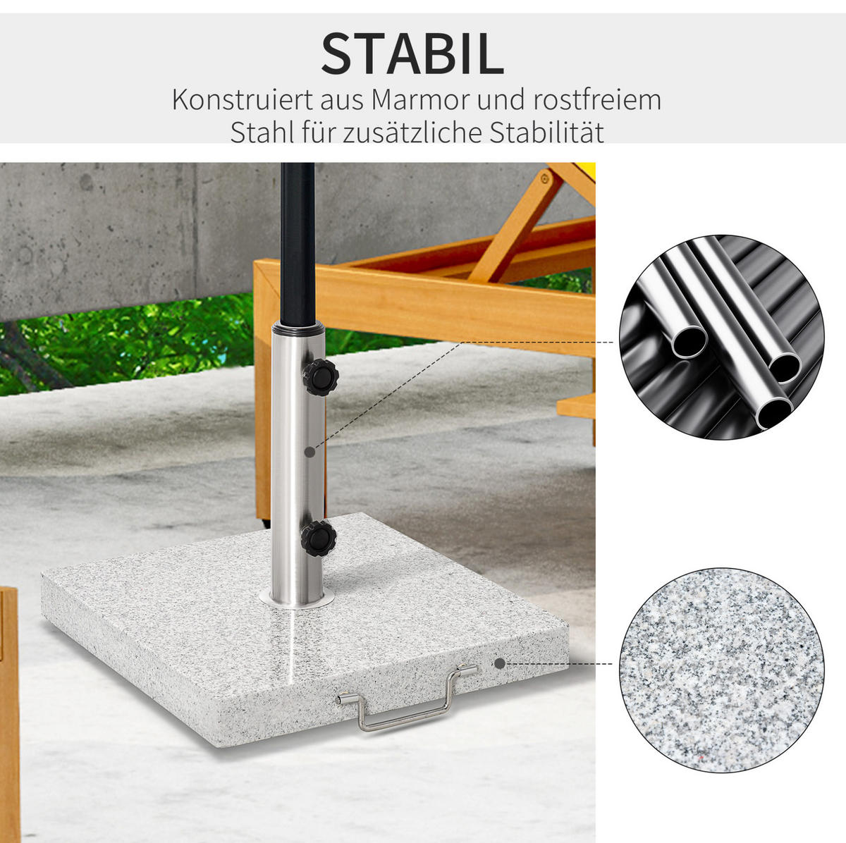 SONNENSCHIRMSTÄNDER 40/40/36 cm grau aus Marmor mit Rollen - Grau, Stein (40/40cm) - OKWISH