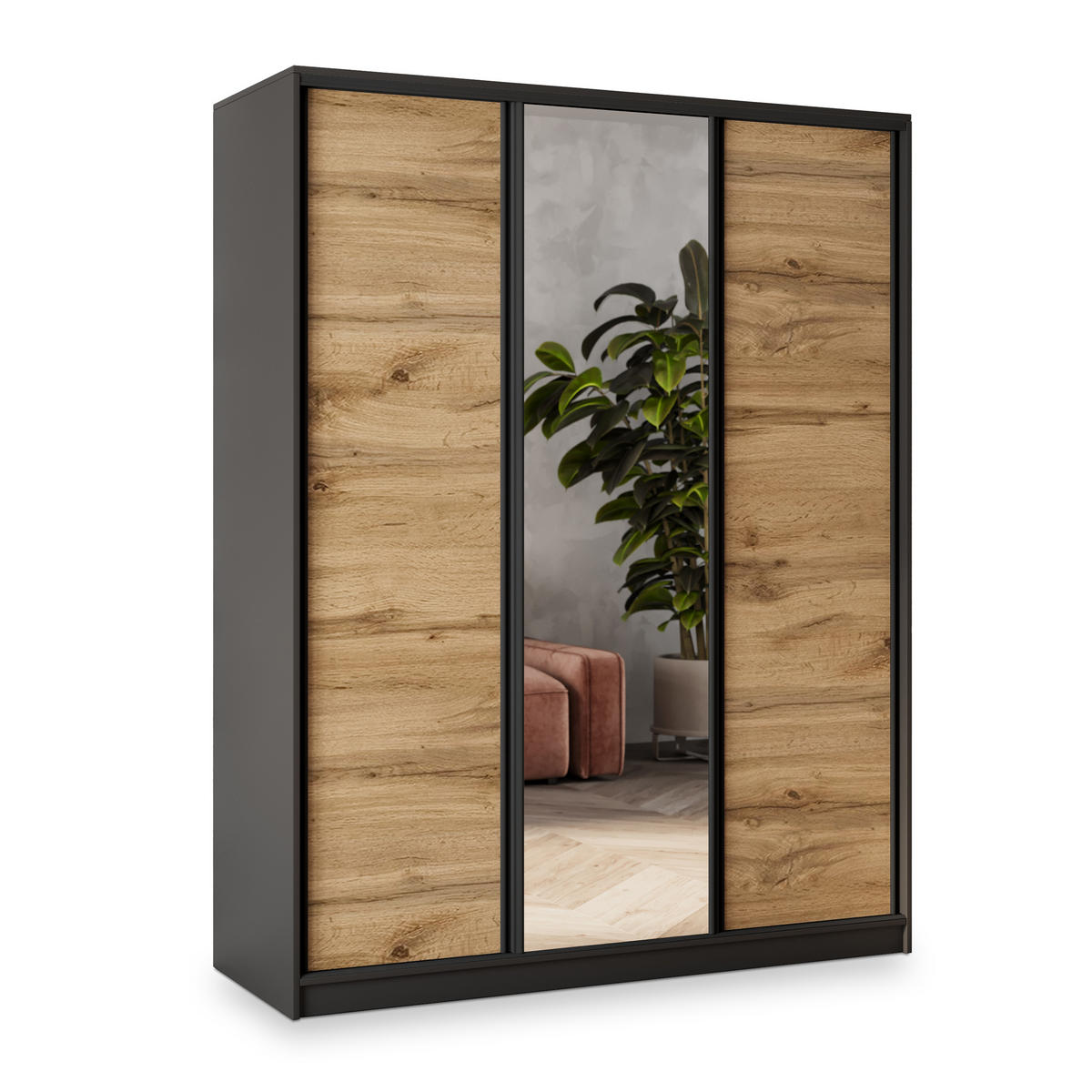 SCHWEBETÜRENSCHRANK SORE 160/205/58 cm 3-türig mit Spiegel und 4 Schubladen Schwarz - Eiche Wotan/Schwarz, Holzwerkstoff (160/205/58cm) - MASSENO