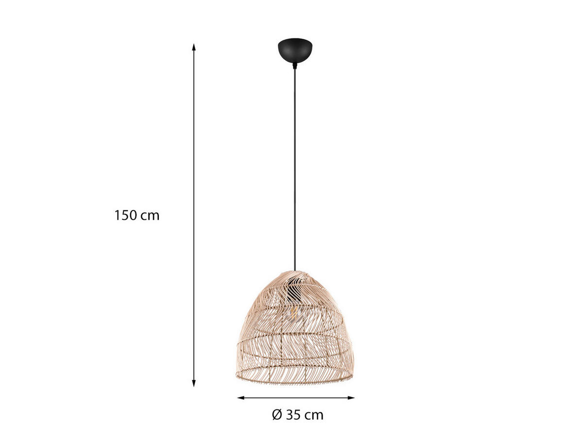 HÄNGELEUCHTE Korbgeflecht aus Rattan, Ø35cm - Schwarz/Naturfarben, Naturmaterialien/Metall (35/35/150cm) - meineWunschleuchte