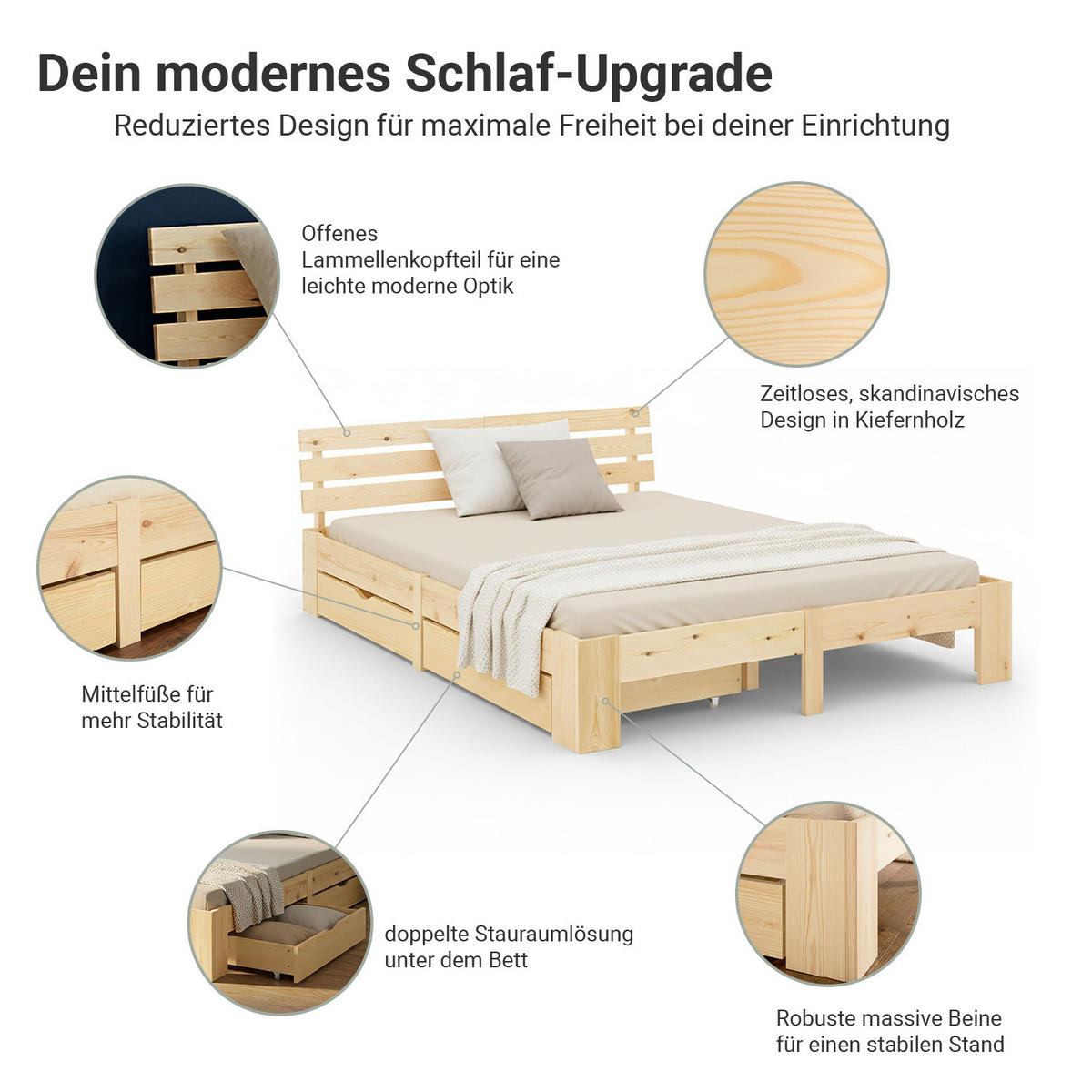 HOLZBETT mit Matratze und Stauraum 180/200 cm natur - Naturfarben, Holz (180/200cm) - Homestyle4u