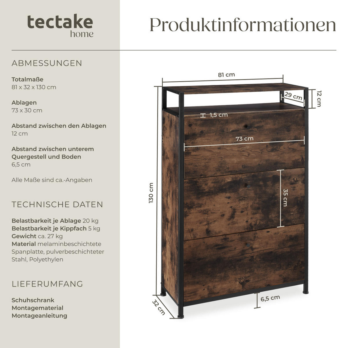 SCHUHSCHRANK Buffalo,inklusive Kippschutz, 81 x 32 x 130 cm,Industrial Holz dunkel, rustikal - Rostfarben, Holzwerkstoff (32/130/81cm) - tectake