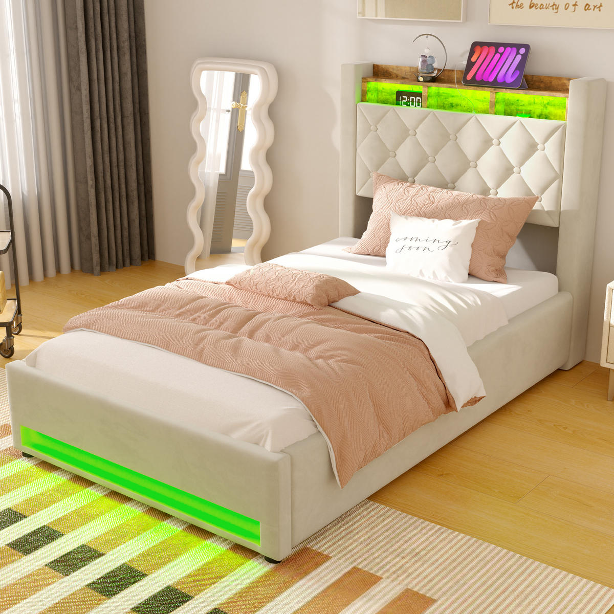 POLSTERBETT aus Samt 90x200 cm Beige mit Stauraum-Kopfteil und LED-Lichtleiste - Beige, Textil (90/200cm) - Modfu