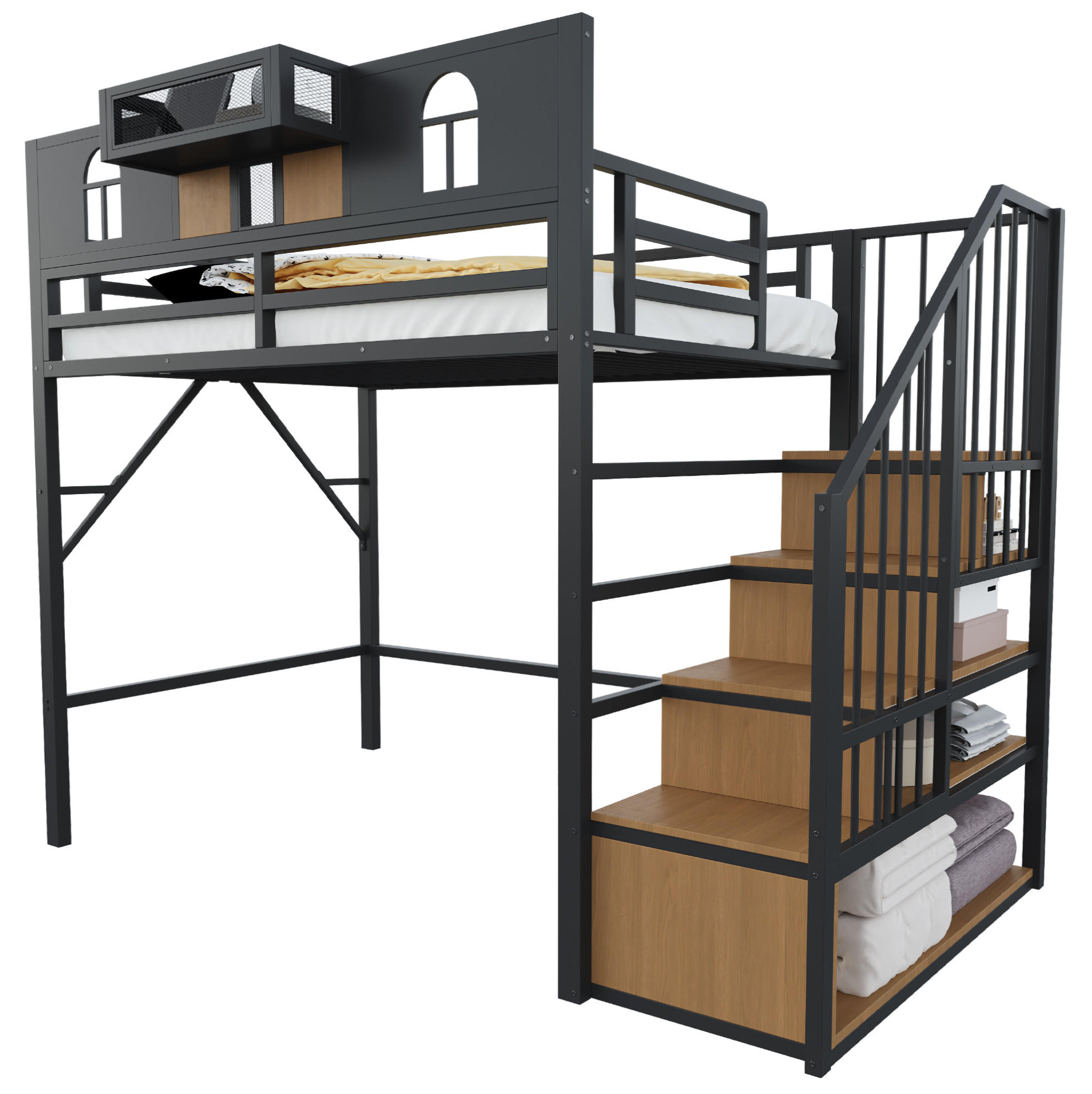 HOCHBETT 90x200 cm in Schwarz mit Stauraumleiter und Lichtleiste - Schwarz, Metall (90/200cm) - IVMEU