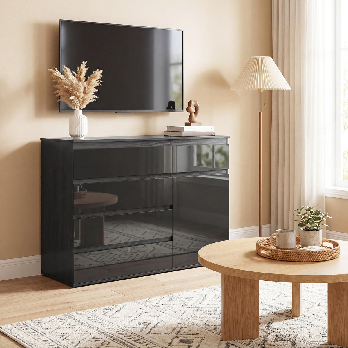 SIDEBOARD DE-09094 mit 5 Schubladen, Schwarz Hochglanz - Schwarz, Holzwerkstoff (100/80/40cm) - ComfortXL